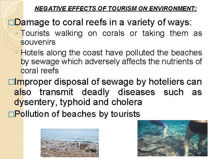 NEGATIVE EFFECTS OF TOURISM ON ENVIRONMENT: �Damage to coral reefs in a variety of