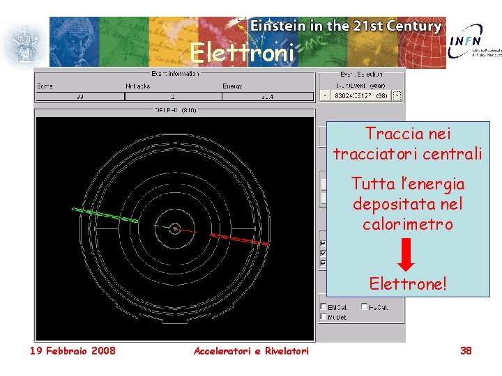 Elettroni Traccia nei tracciatori centrali Tutta l’energia depositata nel calorimetro Elettrone! 19 Febbraio 2008