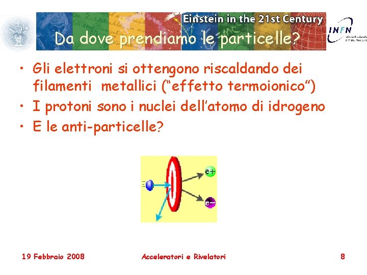 Da dove prendiamo le particelle? • Gli elettroni si ottengono riscaldando dei filamenti metallici