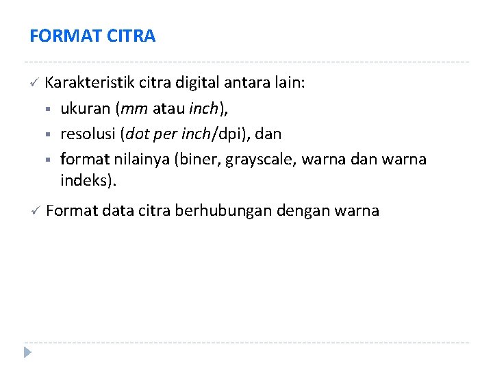FORMAT CITRA ü Karakteristik citra digital antara lain: § § § ukuran (mm atau