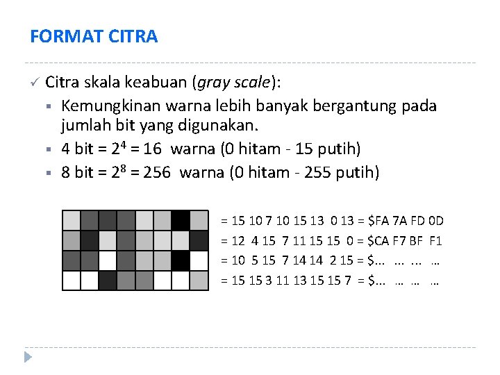 FORMAT CITRA ü Citra skala keabuan (gray scale): § § § Kemungkinan warna lebih