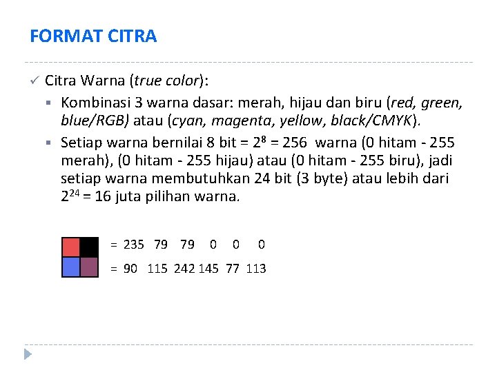 FORMAT CITRA ü Citra Warna (true color): § Kombinasi 3 warna dasar: merah, hijau