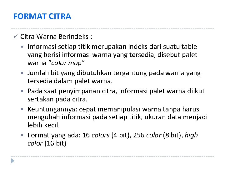 FORMAT CITRA ü Citra Warna Berindeks : § Informasi setiap titik merupakan indeks dari