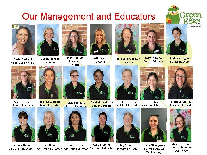 Our Management and Educators Suzie Cockerill Approved Provider Alyssa Tucker Senior Educator Raylene Barton