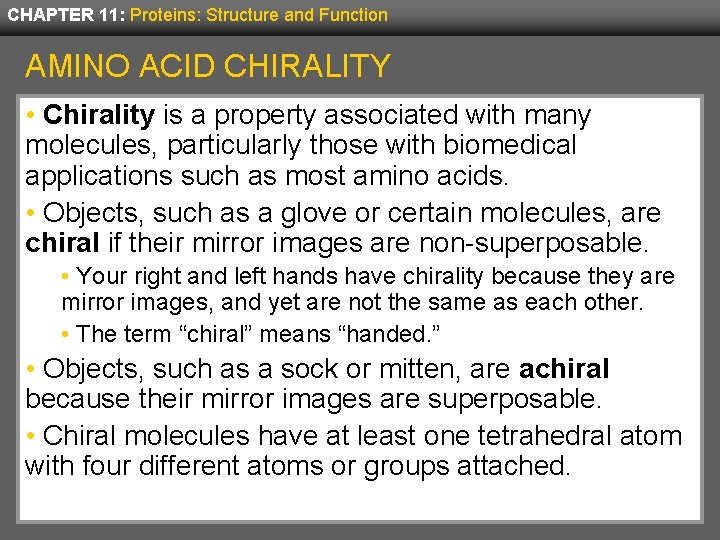 CHAPTER 11: Proteins: Structure and Function AMINO ACID CHIRALITY • Chirality is a property