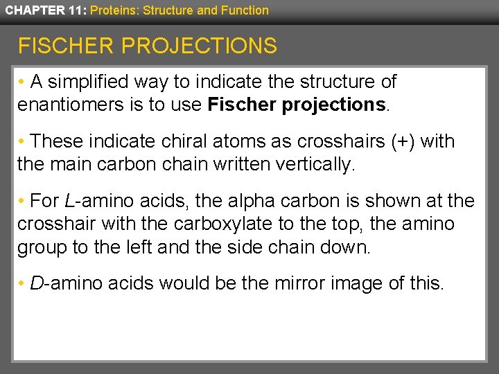 CHAPTER 11: Proteins: Structure and Function FISCHER PROJECTIONS • A simplified way to indicate