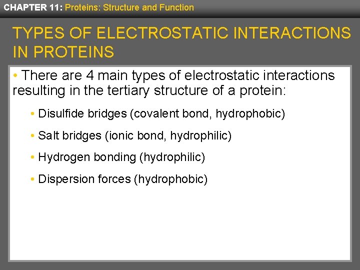 CHAPTER 11: Proteins: Structure and Function TYPES OF ELECTROSTATIC INTERACTIONS IN PROTEINS • There