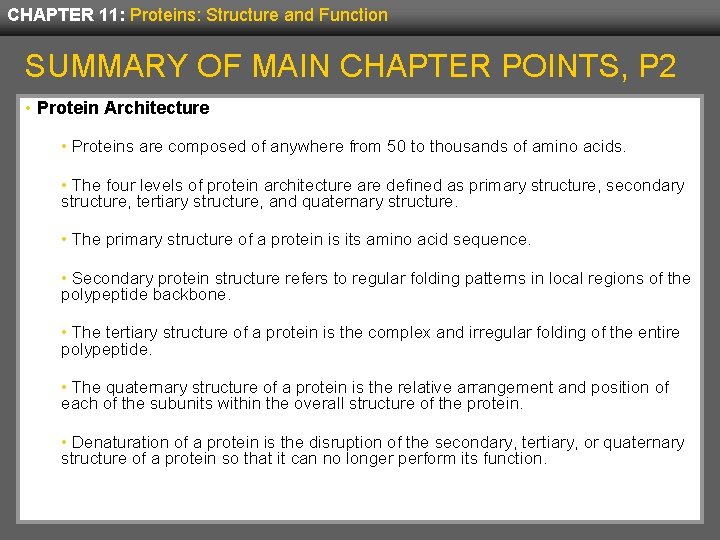 CHAPTER 11: Proteins: Structure and Function SUMMARY OF MAIN CHAPTER POINTS, P 2 •