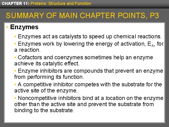 CHAPTER 11: Proteins: Structure and Function SUMMARY OF MAIN CHAPTER POINTS, P 3 •