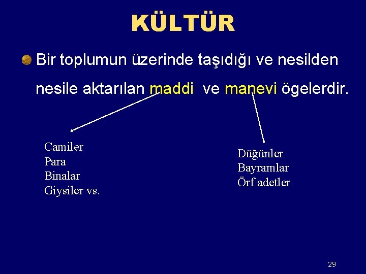 KÜLTÜR Bir toplumun üzerinde taşıdığı ve nesilden nesile aktarılan maddi ve manevi ögelerdir. Camiler