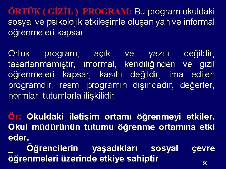 ÖRTÜK ( GİZİL ) PROGRAM: Bu program okuldaki sosyal ve psikolojik etkileşimle oluşan yan