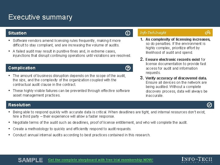 Executive summary Situation Info-Tech Insight • Software vendors amend licensing rules frequently, making it