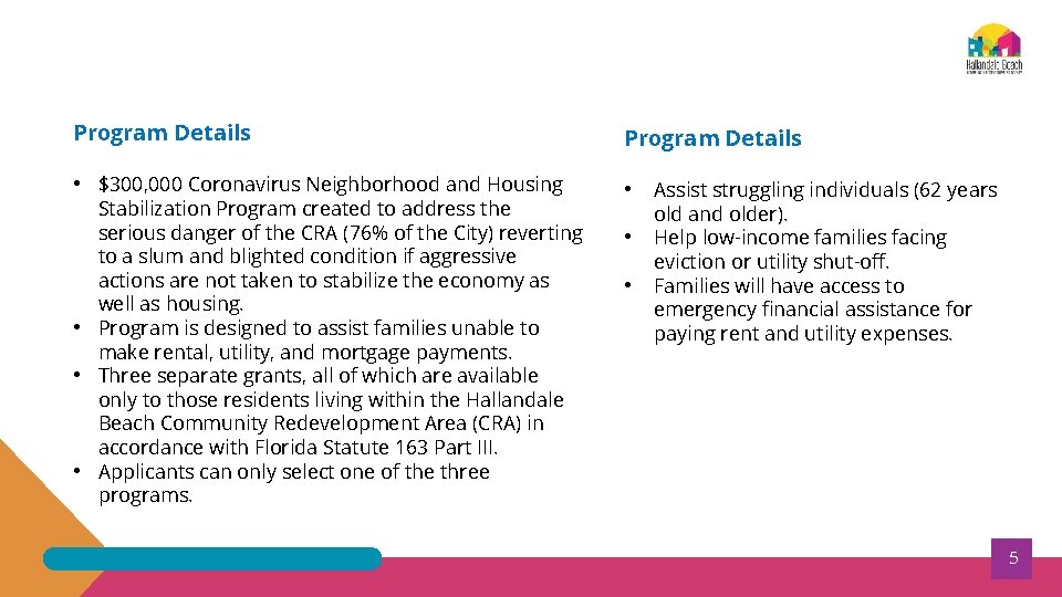 Program Details • $300, 000 Coronavirus Neighborhood and Housing • Stabilization Program created to