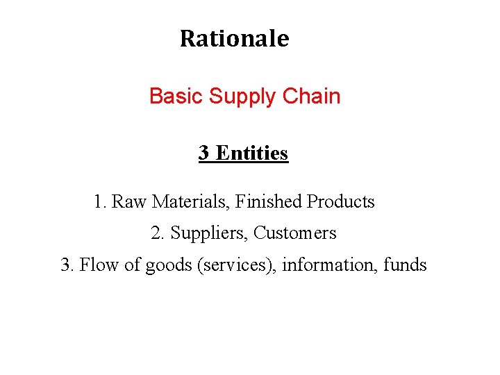 Rationale Basic Supply Chain 3 Entities 1. Raw Materials, Finished Products 2. Suppliers, Customers