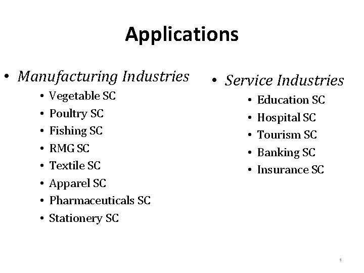 Applications • Manufacturing Industries • • Vegetable SC Poultry SC Fishing SC RMG SC