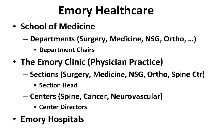 Emory Healthcare • School of Medicine – Departments (Surgery, Medicine, NSG, Ortho, …) • Emory Healthcare • School of Medicine – Departments (Surgery, Medicine, NSG, Ortho, …) •