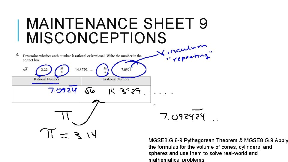 MAINTENANCE SHEET 9 MISCONCEPTIONS MGSE 8. G. 6 -9 Pythagorean Theorem & MGSE 8.