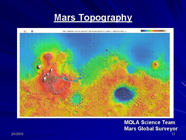 Mars Topography MOLA Science Team Mars Global Surveyor 2/1/2010 13 