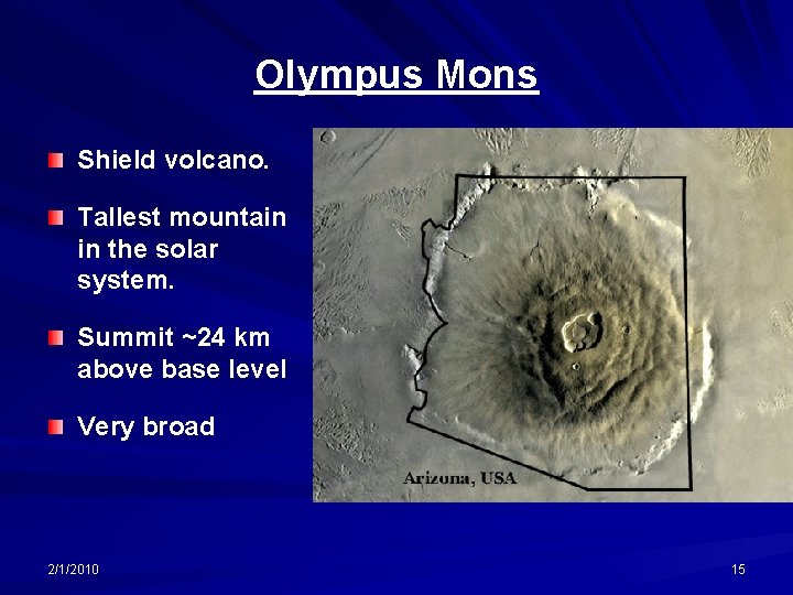 Olympus Mons Shield volcano. Tallest mountain in the solar system. Summit ~24 km above