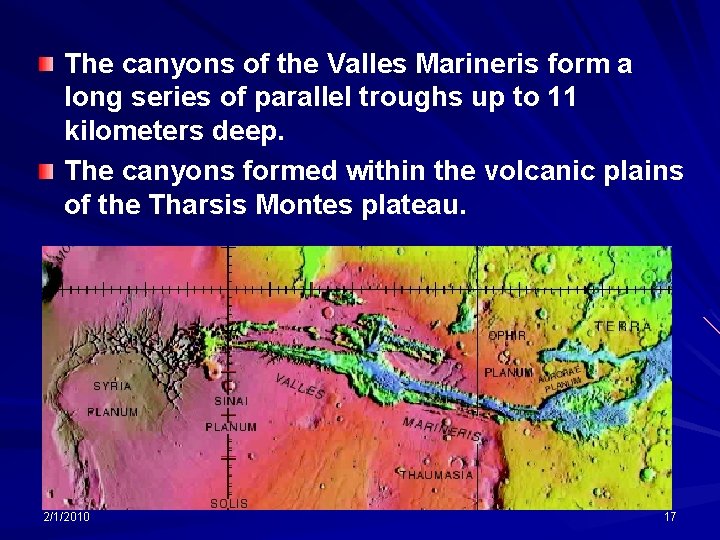 The canyons of the Valles Marineris form a long series of parallel troughs up