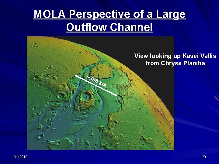 MOLA Perspective of a Large Outflow Channel View looking up Kasei Vallis from Chryse