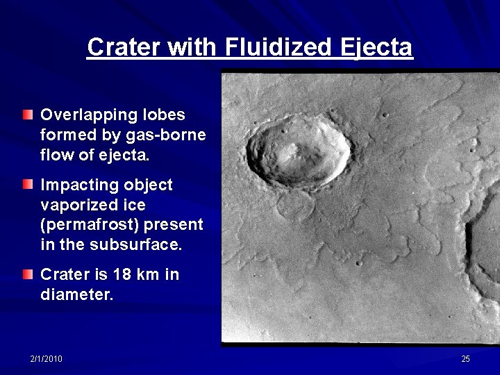 Crater with Fluidized Ejecta Overlapping lobes formed by gas-borne flow of ejecta. Impacting object