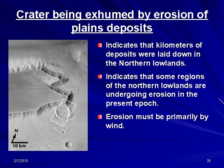 Crater being exhumed by erosion of plains deposits Indicates that kilometers of deposits were