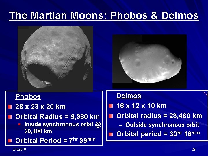 The Martian Moons: Phobos & Deimos Phobos 28 x 23 x 20 km Orbital