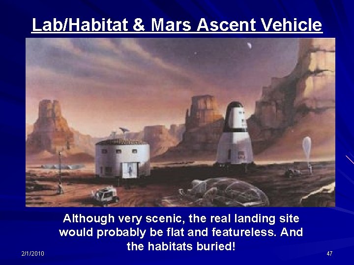 Lab/Habitat & Mars Ascent Vehicle 2/1/2010 Although very scenic, the real landing site would