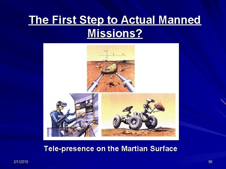 The First Step to Actual Manned Missions? Tele-presence on the Martian Surface 2/1/2010 66