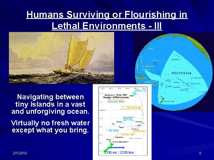 Humans Surviving or Flourishing in Lethal Environments - III Navigating between tiny islands in