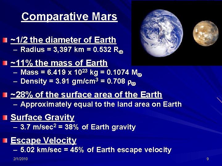 Comparative Mars ~1/2 the diameter of Earth – Radius = 3, 397 km =