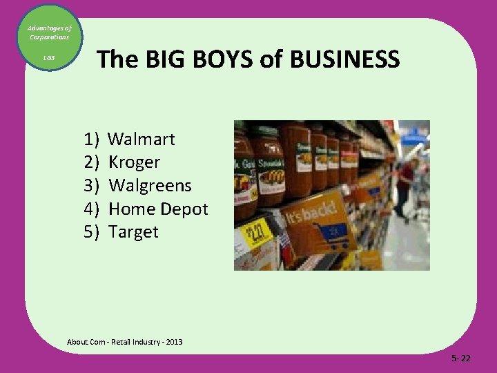 Advantages of Corporations LG 3 The BIG BOYS of BUSINESS 1) Walmart 2) Kroger