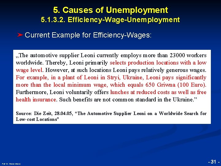 5. Causes of Unemployment 5. 1. 3. 2. Efficiency-Wage-Unemployment ➤ Current Example for Efficiency-Wages: