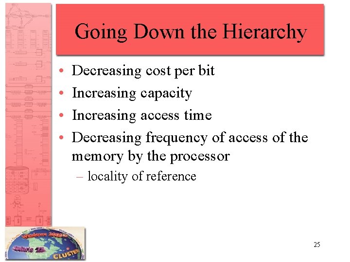 Going Down the Hierarchy • • Decreasing cost per bit Increasing capacity Increasing access