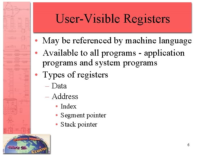 User-Visible Registers • May be referenced by machine language • Available to all programs