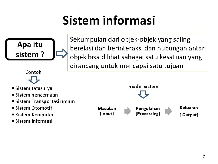 Sistem informasi Apa itu sistem ? Contoh Sekumpulan dari objek-objek yang saling berelasi dan