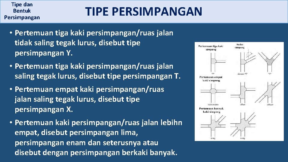 Tipe dan Bentuk Persimpangan TIPE PERSIMPANGAN • Pertemuan tiga kaki persimpangan/ruas jalan tidak saling