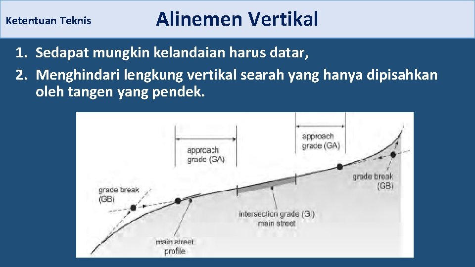 Ketentuan Teknis Alinemen Vertikal 1. Sedapat mungkin kelandaian harus datar, 2. Menghindari lengkung vertikal