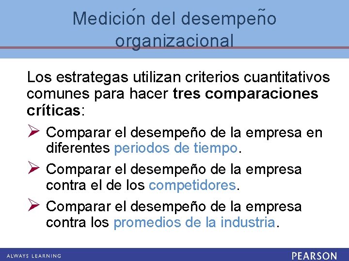 Medicio n del desempen o organizacional Los estrategas utilizan criterios cuantitativos comunes para hacer