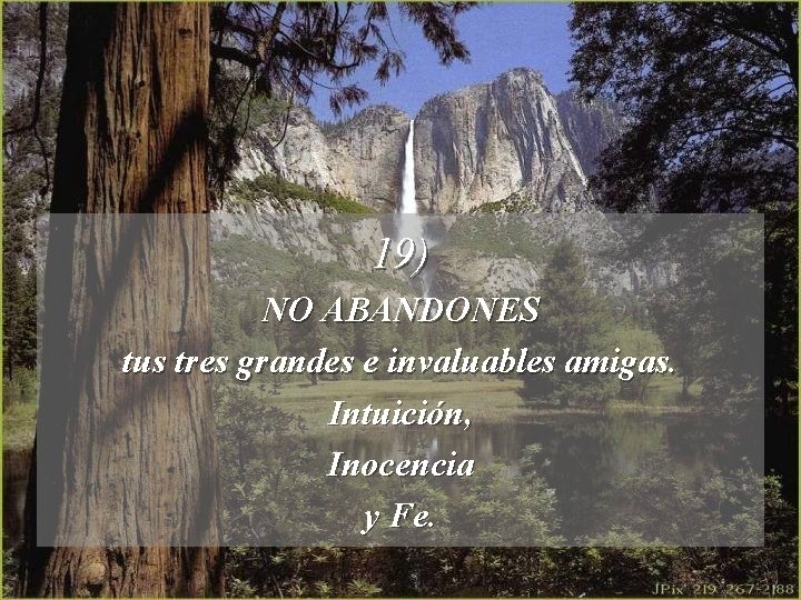 19) NO ABANDONES tus tres grandes e invaluables amigas. Intuición, Inocencia y Fe. 