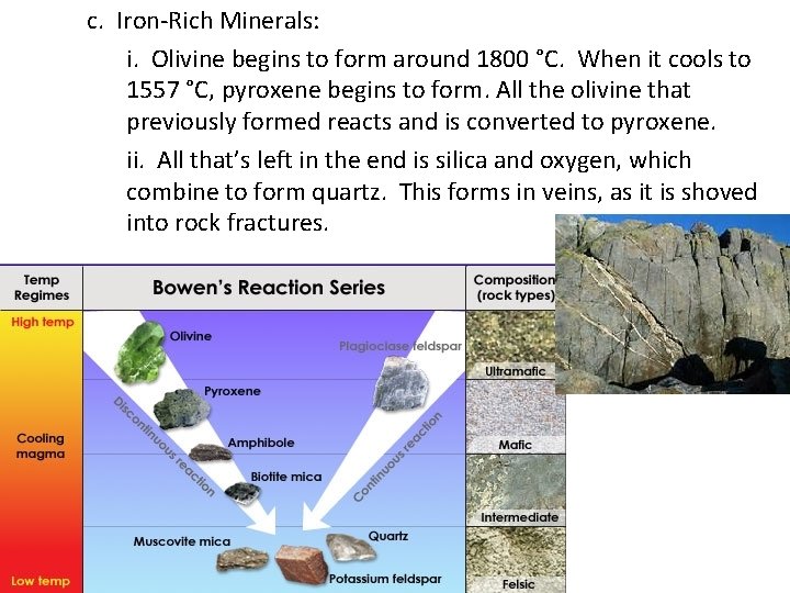 c. Iron-Rich Minerals: i. Olivine begins to form around 1800 °C. When it cools