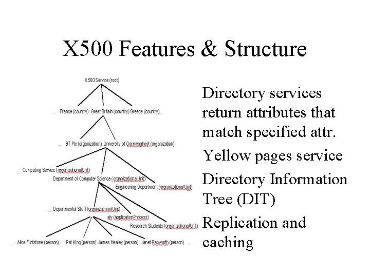 X 500 Features & Structure • Directory services return attributes that match specified attr.