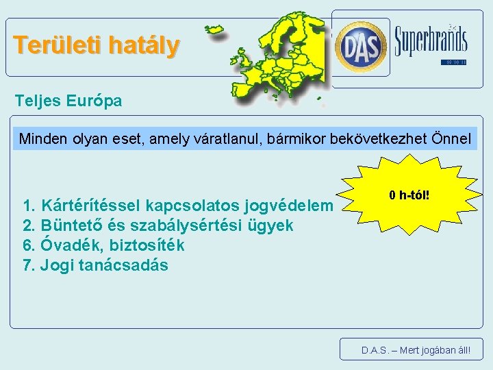 Területi hatály Teljes Európa Minden olyan eset, amely váratlanul, bármikor bekövetkezhet Önnel 1. Kártérítéssel