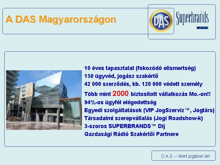A DAS Magyarországon 10 éves tapasztalat (fokozódó elismertség) 150 ügyvéd, jogász szakértő 42 000
