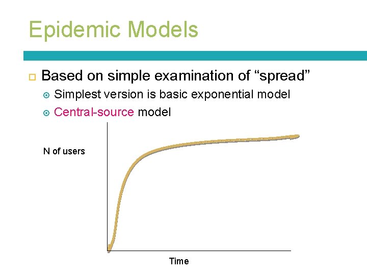 Epidemic Models Based on simple examination of “spread” Simplest version is basic exponential model