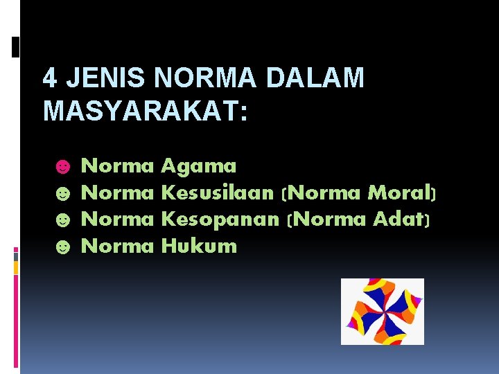 4 JENIS NORMA DALAM MASYARAKAT: ☻ Norma Agama ☻ Norma Kesusilaan (Norma Moral) ☻