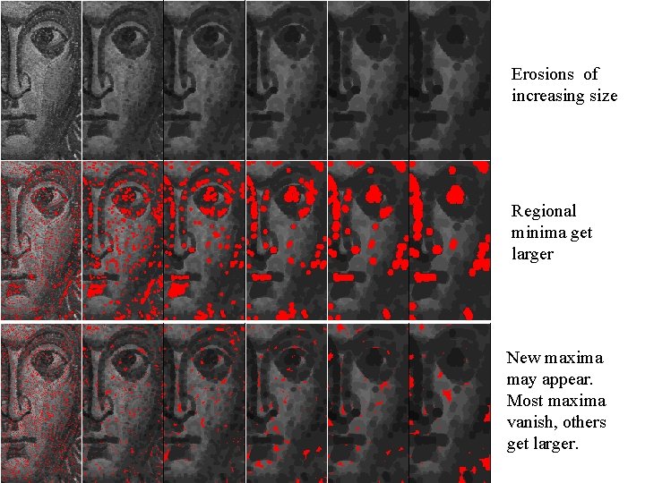 Erosions of increasing size Regional minima get larger New maxima may appear. Most maxima