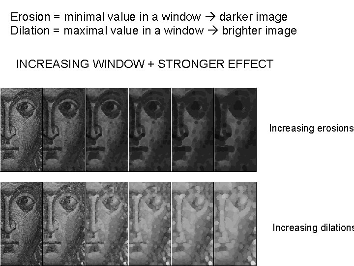 Erosion = minimal value in a window darker image Dilation = maximal value in