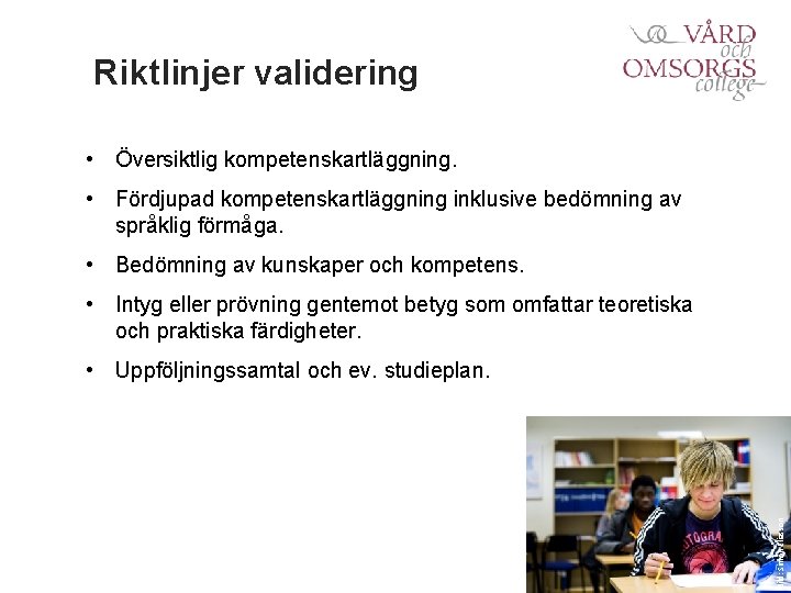 Riktlinjer validering • Översiktlig kompetenskartläggning. • Fördjupad kompetenskartläggning inklusive bedömning av språklig förmåga. •
